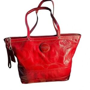 Coach Red Patent Leather Op Art Tote Bag – Large Shoulder Purse with Logo Lining